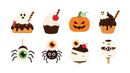 Cute set of Halloween characters and snacks including a ghost cupcake, angry pumpkin, monster eyeballs, spiders, and mummies on a white background.