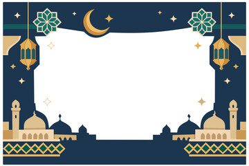 Beautiful Islamic night scene with mosque silhouettes, hanging lanterns, and a crescent moon, perfect for Ramadan or Eid celebrations, conveying peace and serenity