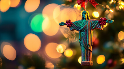 Christ figure ornament hanging from a decorated Christmas tree with glowing lights creating a warm holiday scene during the festive season