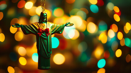 Colorful decoration of Christ statue with a bow in a warm holiday setting filled with bright lights during the festive season