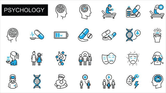 Blue linear vector icon set illustrating depression symptoms and mental health concepts..eps