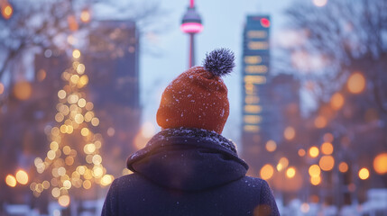 Winter evening in the city with festive lights as a person enjoys the snowy atmosphere and gazes at the glowing tower during dusk