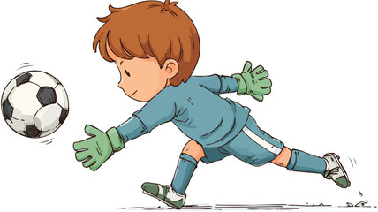 Young Male Goalkeeper Practicing Soccer Skills with Outline, Isolated Vector Illustration