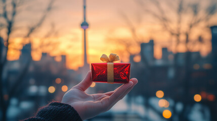 Hand holds small red gift box with gold ribbon at sunset in city with skyline and tall tower in background