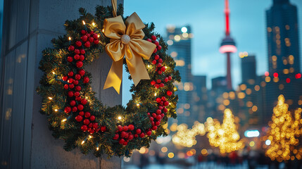 City festive wreath with lights and yellow bow hanging near skyscrapers during winter evening filled with holiday decorations