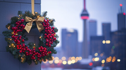 Holiday wreath with red berries and golden ribbon hangs on building near Toronto skyline at dusk with bright city lights