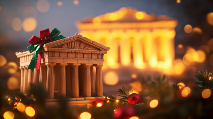 Festive scene with a gift-wrapped replica of a classical building surrounded by holiday lights and decorations at night creating a warm atmosphere