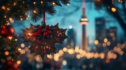 Holiday decoration hangs from a pine tree with Toronto skyline lights glowing in the winter evening air