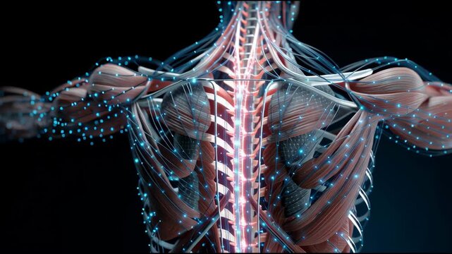 A close up of a human body with glowing blue and pink lines. Concept of wonder and fascination with the complexity of the human body