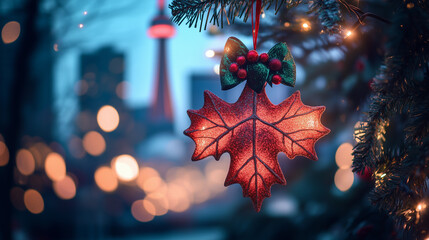 Colorful maple leaf ornament hangs on a Christmas tree in downtown Toronto with city lights and a tower in the background during the festive season