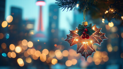 Holiday ornament shines on tree branch with city skyline glowing in the evening lights