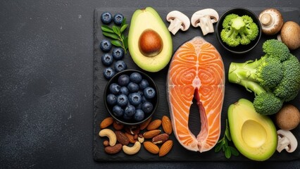 Assortment of healthy food on a dark background. Fresh salmon, avocado, blueberries, broccoli, and nuts for balanced nutrition.