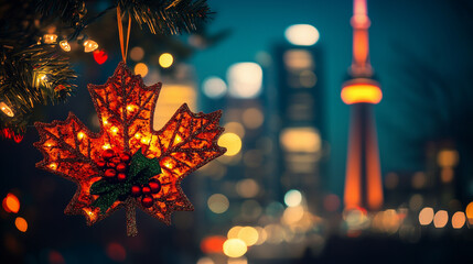 Brightly lit maple leaf ornament shines in front of Toronto skyline during holiday season celebration at night with glowing lights and apple decorations on a winter night