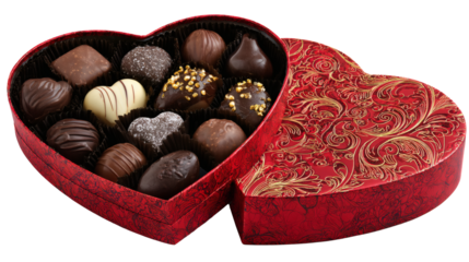 Valentine’s Day chocolate box opened with assorted chocolates, premium look, isolated on a white background