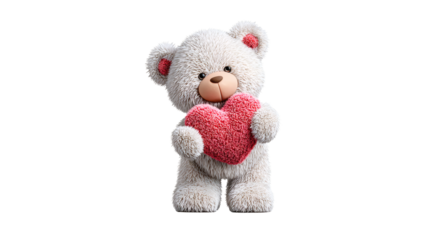 Valentine’s Day teddy bear holding a heart, cute gift concept, isolated on a white background