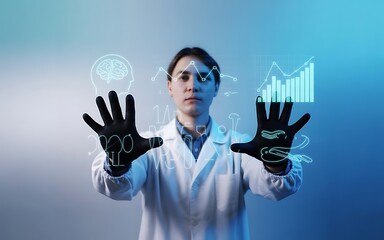 Scientist in lab coat interacting with holographic data