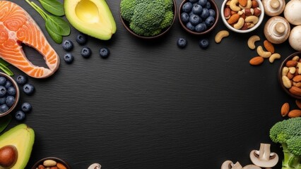 Top view of healthy food ingredients frame: salmon, avocado, blueberries, broccoli, nuts, mushrooms on black background with copy space.