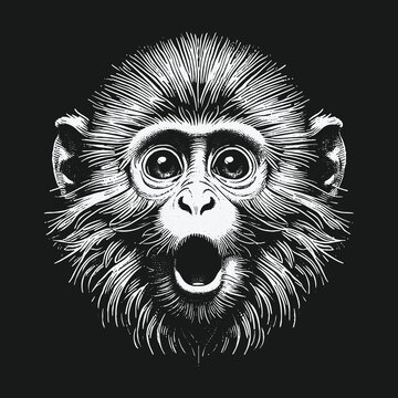 Surprised Monkey Face Illustration in Black and White Detail.