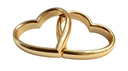 Two wedding rings intertwined forming a heart shape, marriage symbol, isolated on a white background