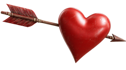 Love arrow piercing a red heart, classic Valentine illustration style, isolated on a white background