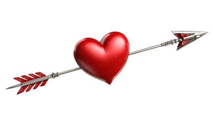 Love arrow piercing a red heart, classic Valentine illustration style, isolated on a white background