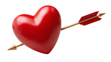 Love arrow piercing a red heart, classic Valentine illustration style, isolated on a white background