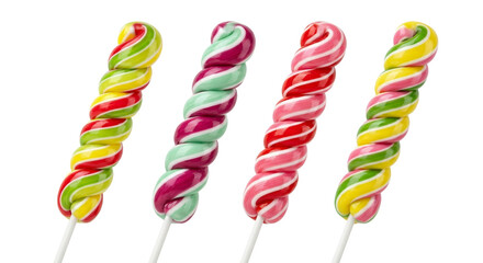 Four colorful twisted lollipops on white background, sweet candy treat