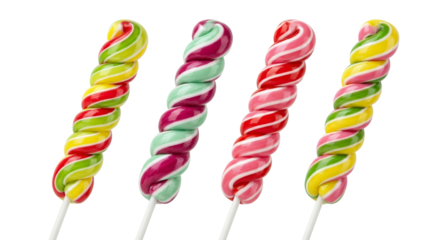 Four colorful twisted lollipops on white background, sweet candy treat