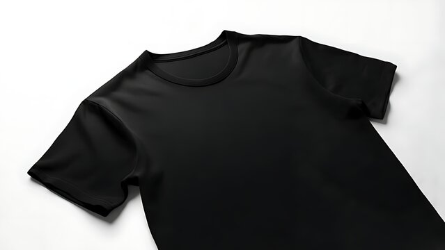 Plain black t-shirt angled on white surface. The crew neck tee is clean and ready for printing