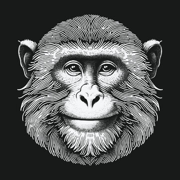 Detailed Engraving of a Smiling Monkey Face on Dark Background.