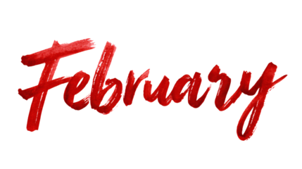 Brush lettering text "February" with artistic strokes, isolated on a white background