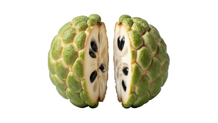 Obraz premium Custard Apple Fruit Cut in Half Revealing White Flesh and Black Seeds cherimoya halved