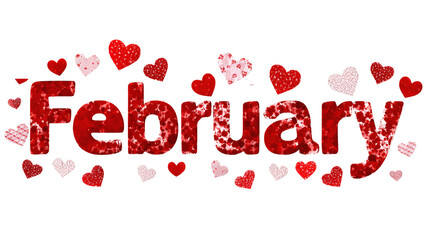 Decorative typography "February" with subtle heart dot on the letter i style, isolated on a white background