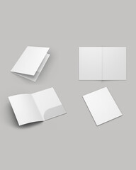 Empty blank cardboard paper open folder with letterheads inside. Front cover and opened with paper inside. Mock up isolated on a white background. 3d rendering.vertical portrait orientation