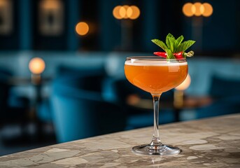 Elegant Orange Cocktail with Mint and Red Chili in Luxury Bar