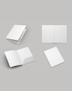 Empty blank cardboard paper open folder with letterheads inside. Front cover and opened with paper inside. Mock up isolated on a white background. 3d rendering.vertical portrait orientation