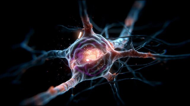 A brain cell is shown in a black background. The cell is glowing with a bright orange color