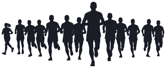 Naklejka premium Large Group of People Silhouettes Running in a Marathon Race Representing Healthy Lifestyle, Fitness Competition, Athletic Training, and Community Sports Event.