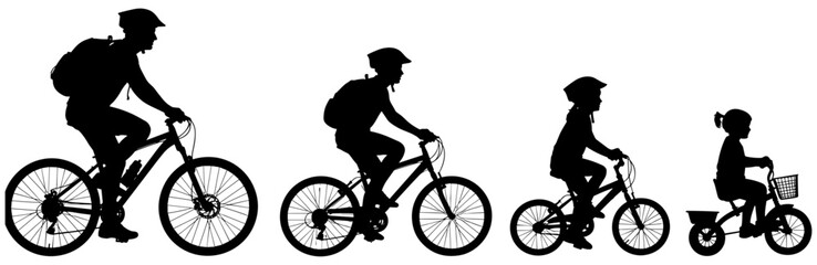 Obraz premium Set of Black Silhouette Icons Representing a Family Cycling Together Including Father Mother and Children Riding Bicycles for Outdoor Fitness.