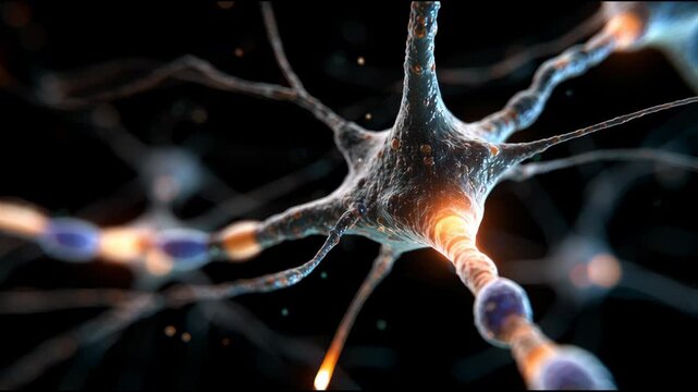 A close up of a brain with many neurons. The image is dark and the neurons are glowing