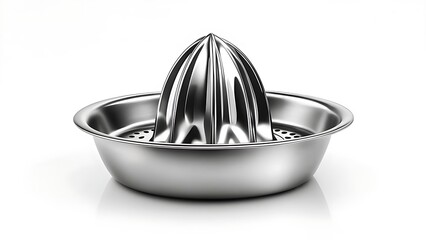 Polished stainless steel citrus juicer on white. Features a ridged reamer above a perforated bowl