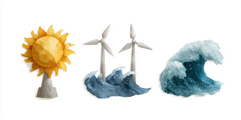 Creative representation of renewable energy sources with sun, wind turbines, and ocean wave