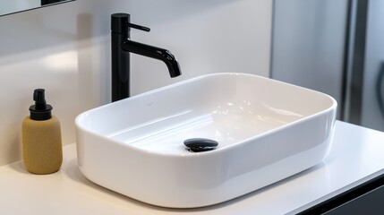 Fototapeta premium Modern Bathroom Sink with Black Fixtures and Golden Soap Dispenser, Minimalist , Interior