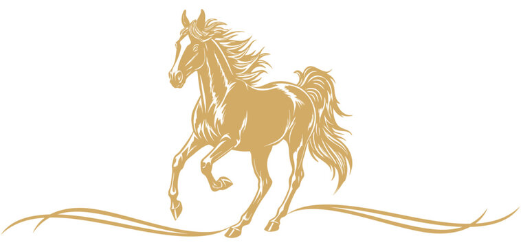 Vector silhouette illustration of a Chinese golden horse jumping 