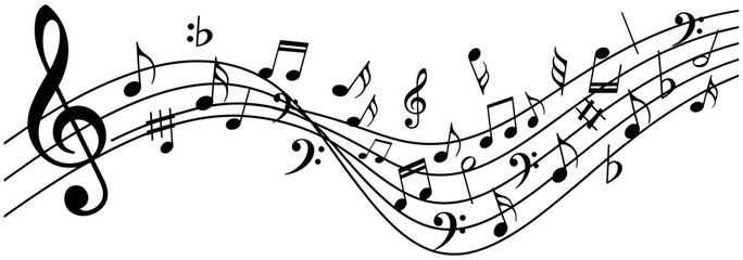 Artistic Musical Notation Design Featuring Wavy Pentagram Staff Lines with Black Clefs and Notes for Classical Music Composition and Sound Concepts.