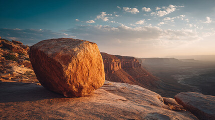 Panoramic view of a giant boulder on a cliff overlooking a vast desert canyon during a vibrant sunset with a soft cloudy sky.