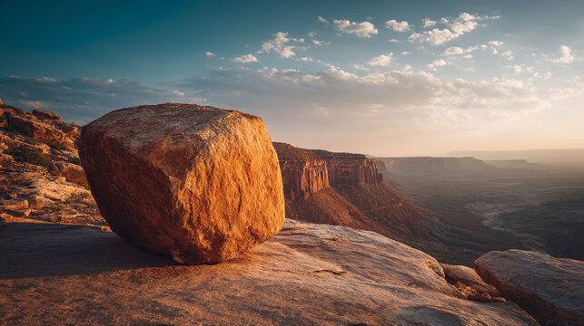 Panoramic view of a giant boulder on a cliff overlooking a vast desert canyon during a vibrant sunset with a soft cloudy sky.