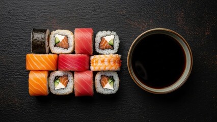 Assortment of fresh Japanese sushi rolls, including maki and nigiri, served with soy sauce on a dark textured background. Top view.