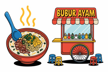 Delicious bubur ayam rice congee with shredded chicken from street food cart illustration traditional Indonesian breakfast cuisine culinary tourism travel advertising promotion authentic local culture
