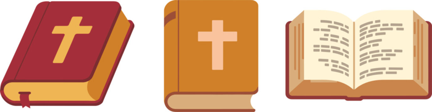 Holy Bible book set with cross symbol, religious christian scripture flat vector illustration for church design
